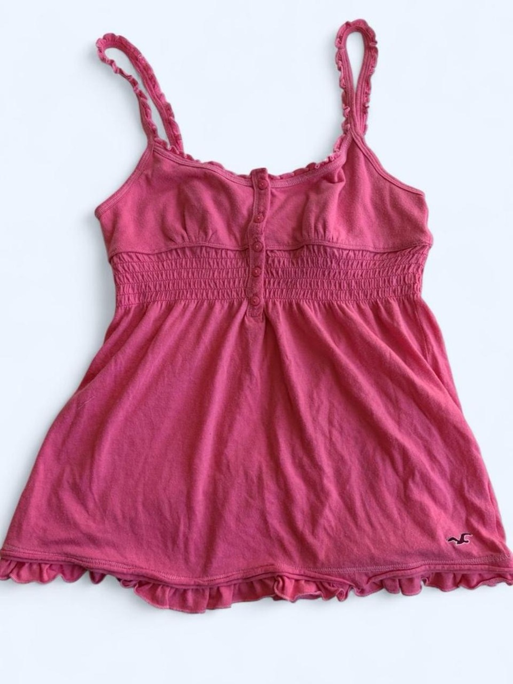 Vintage Y2K Hollister Pink Smocked Babydoll Cami Top XS Ruffle Henley
